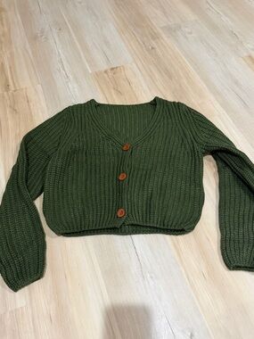 Olive Green Cropped Knit Cardigan Sweater